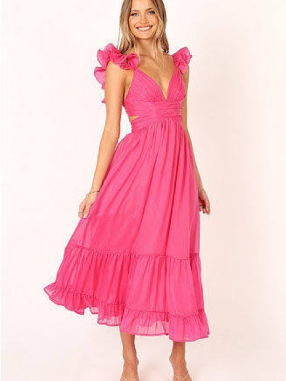 Bright Pink Ruffle Sleeve Maxi Dress - Women